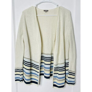 J Jill Womens Open Cardigan Sz M Knit Stripes Ivory Blue Stretch Long Sleeve